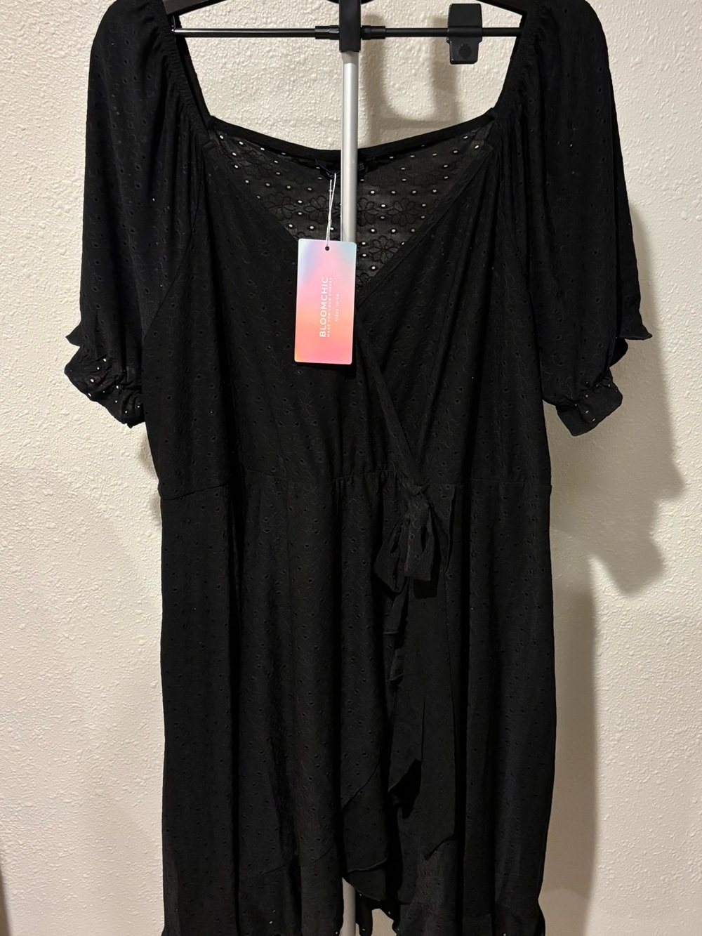 BloomChic Black Eyelet Wrap Top Dress
